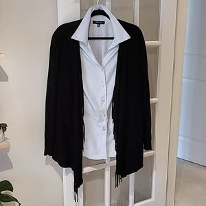 Laura Plus Cardigan Black 1X with fringe detail
